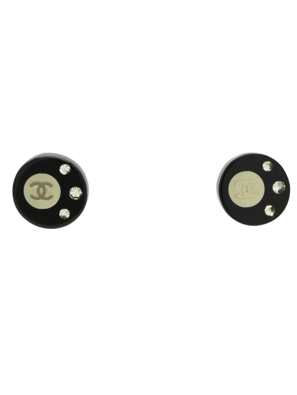 Chanel CC Logo Earrings Round Rhinestone Plastic Metal Black 08C